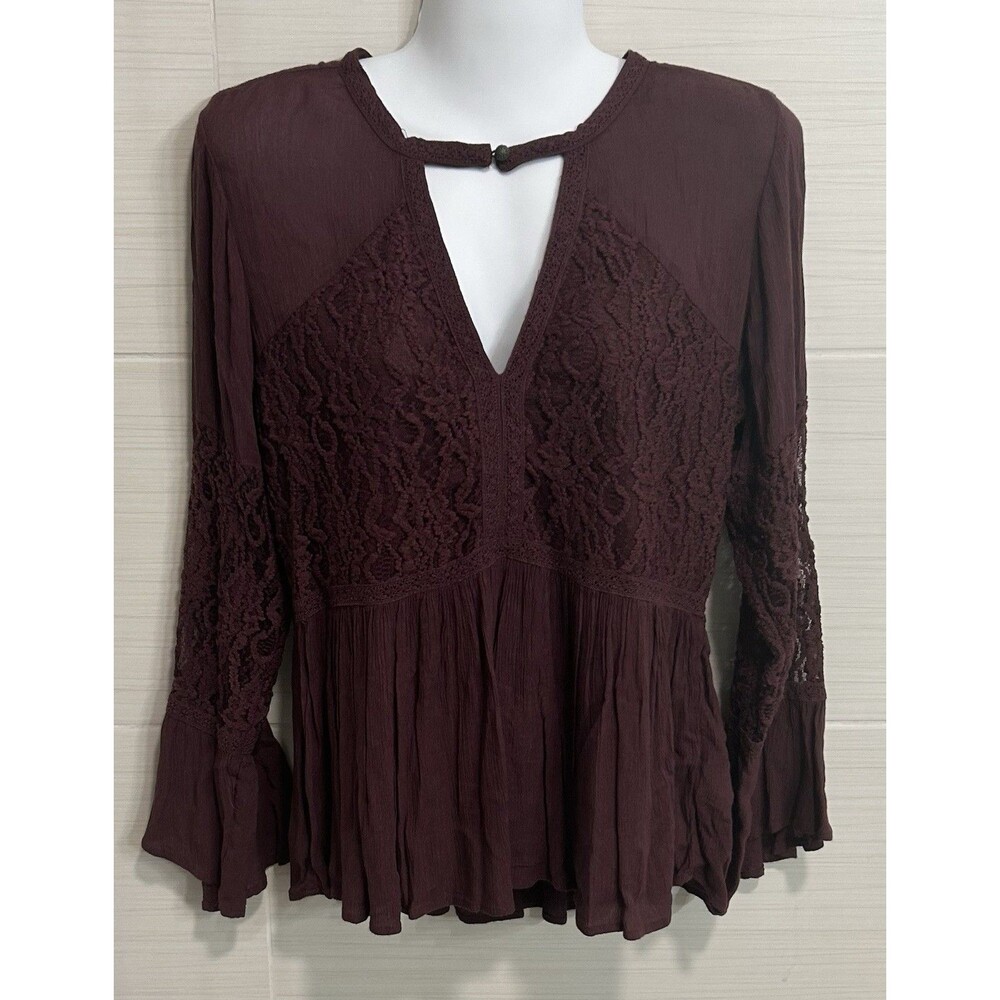 New American Eagle Maroon Crochet Bell Sleeve Lace Back Peplum Blouse M, Boho